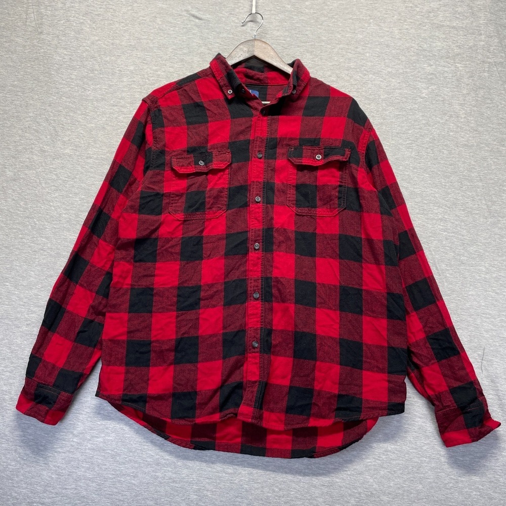 George Flannel Shirt Mens Large (42-44) Red Black Plaid Curved Hem Button Down